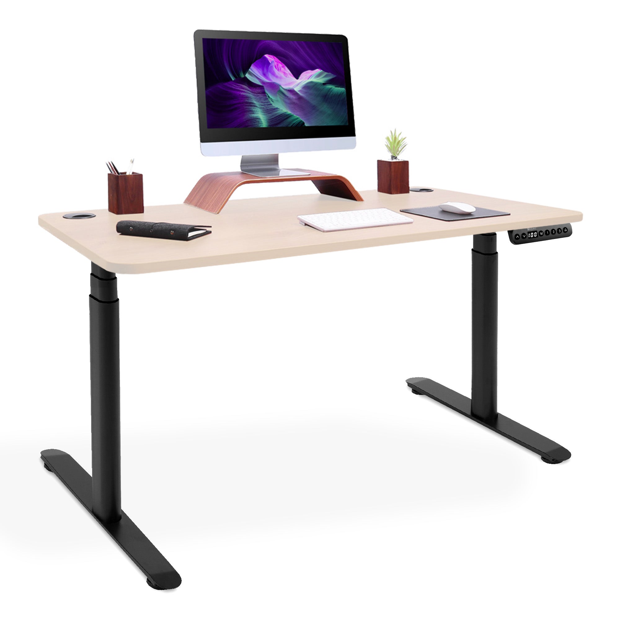 bureau assis debout pieds arrondis noir-chene-clair 120x80cm