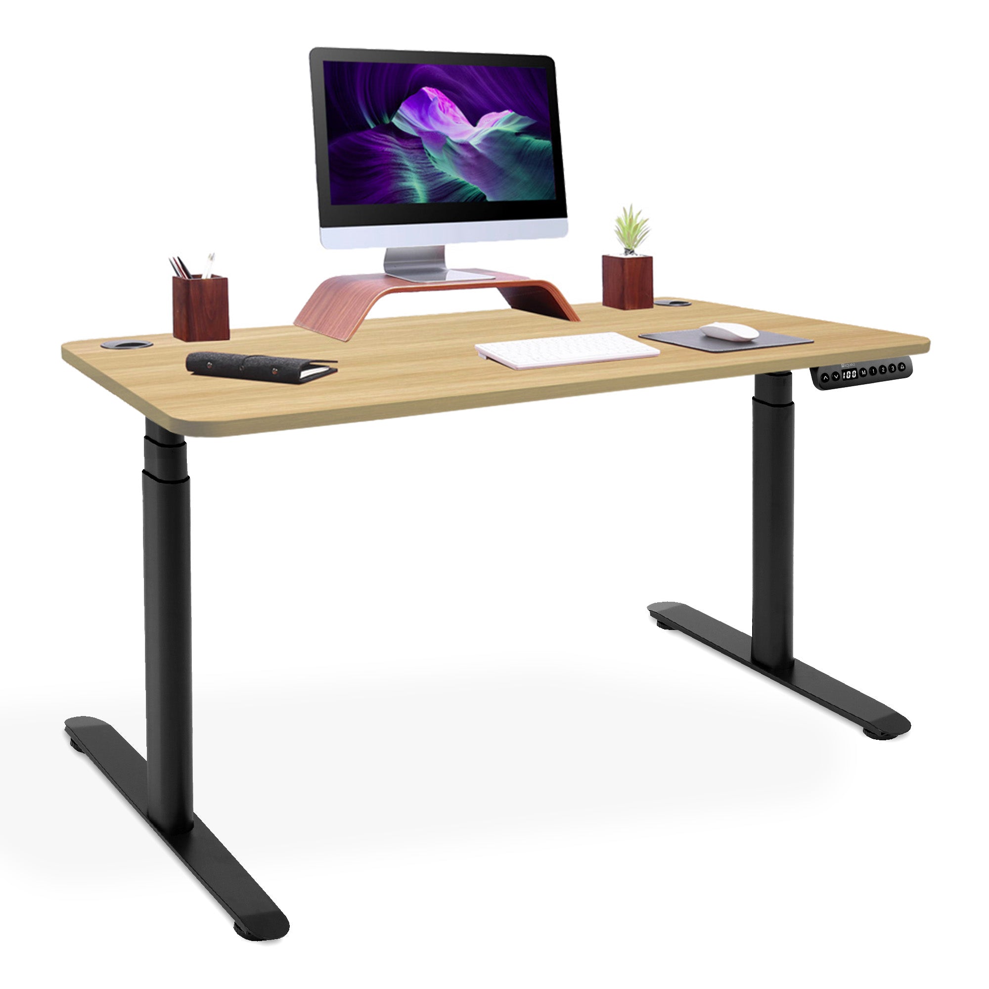 bureau assis debout pieds arrondis noir-chene-blond 140x80cm