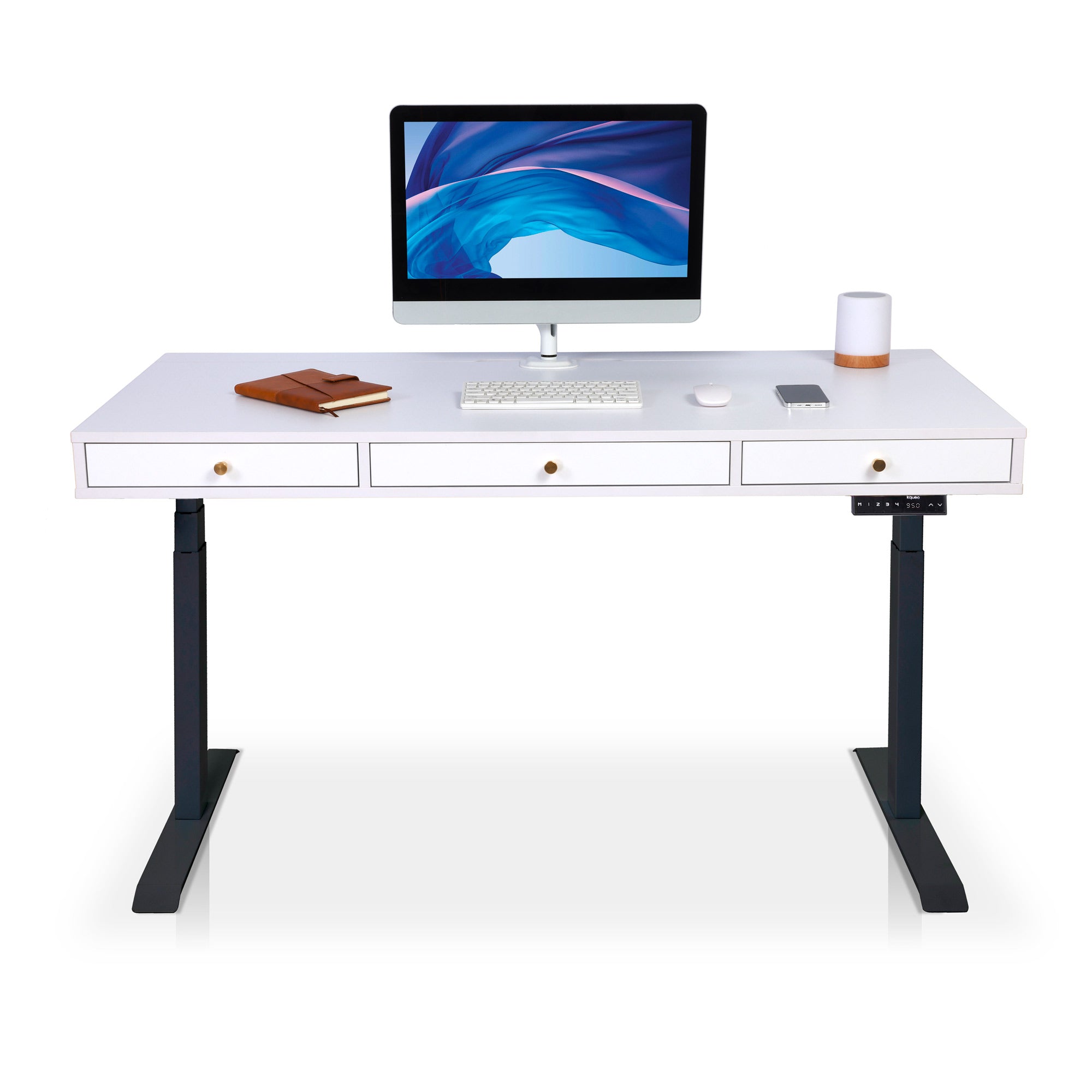 bureau assis debout SPACE DYNAMIC avec trappe 3 tiroirs 140cm noir plateau blanc
