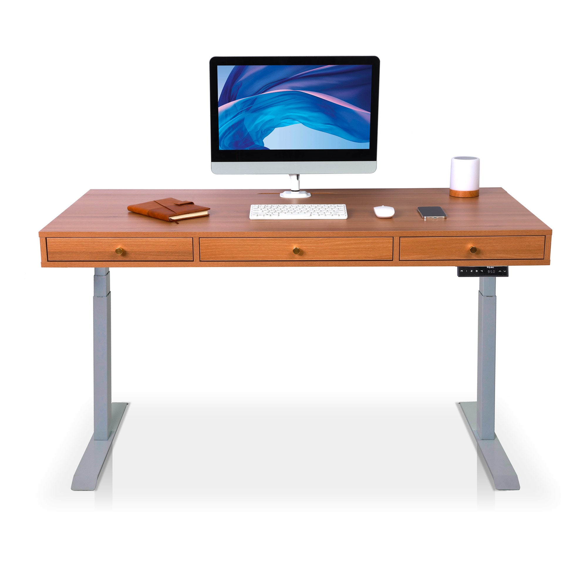 bureau assis debout SPACE DYNAMIC avec trappe 3 tiroirs 140cm gris plateau coloris chene et tiroirs blanc