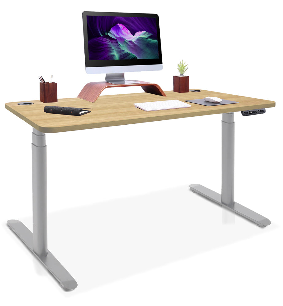 bureau assis debout pieds arrondis gris/chene doré 110x60cm