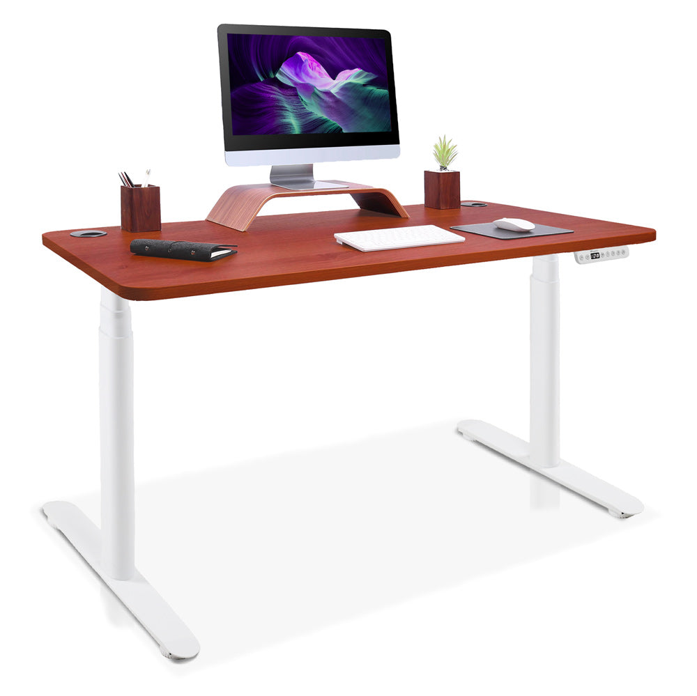 bureau assis debout pieds arrondis blanc/chêne foncé 140x80cm