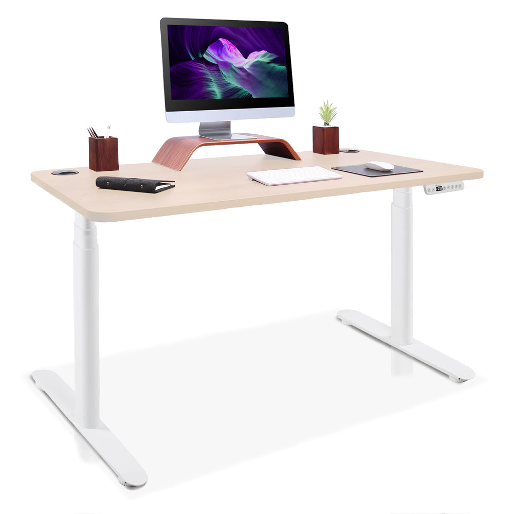 bureau assis debout pieds arrondis blanc/chêne clair 140x80cm