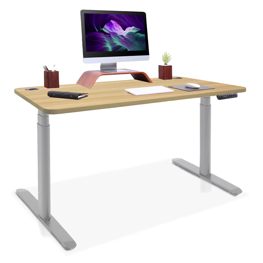 bureau assis debout pieds arrondis gris/chene doré 140x80cm