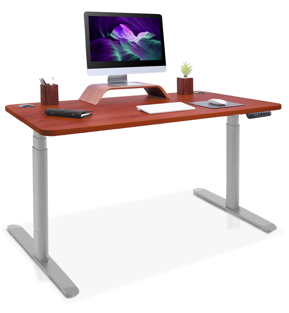 bureau assis debout pieds arrondis gris/chene foncé 180x80cm