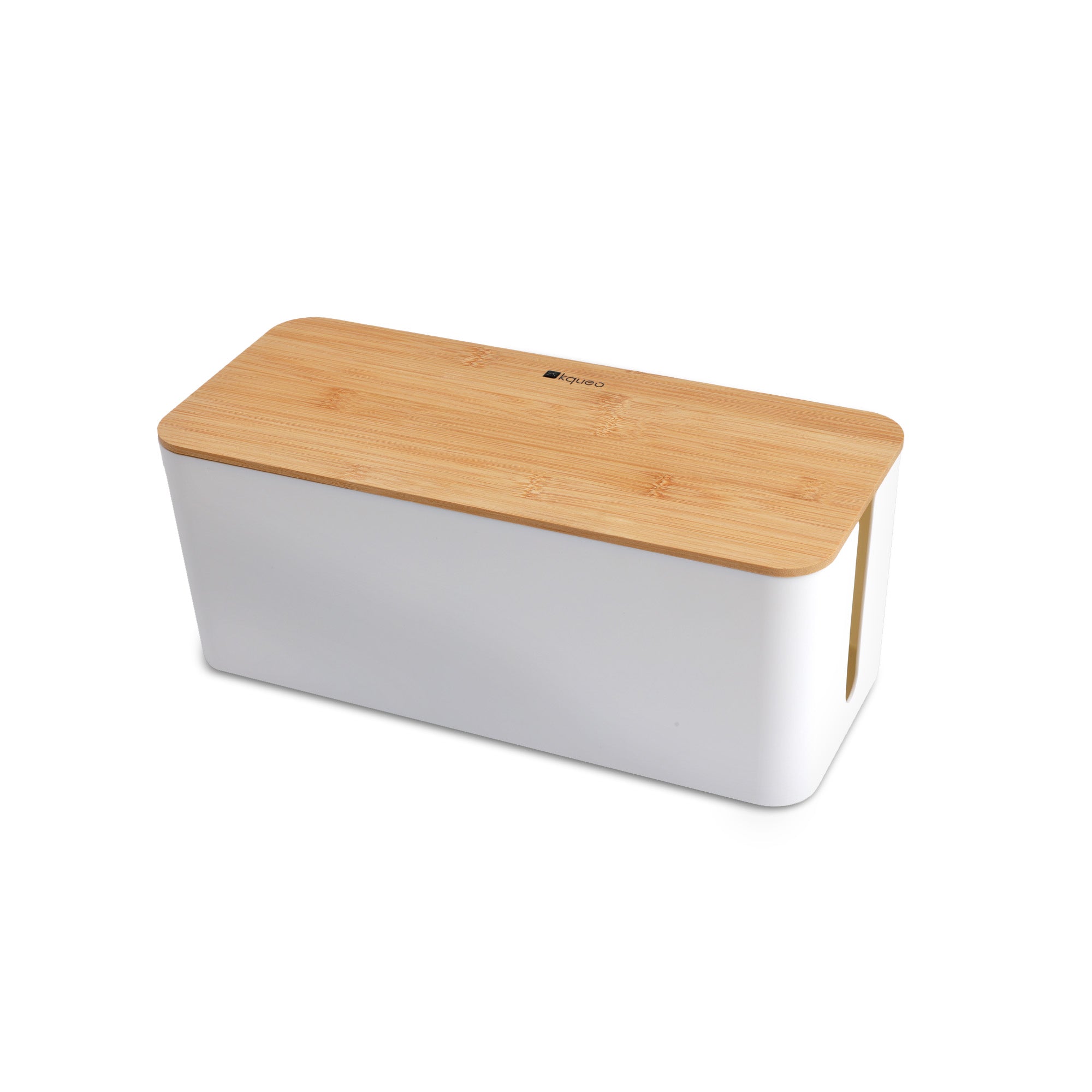 Boîte range-câbles KQUEO blanc avec couvercle en bambou pour organiser les fils et multiprises