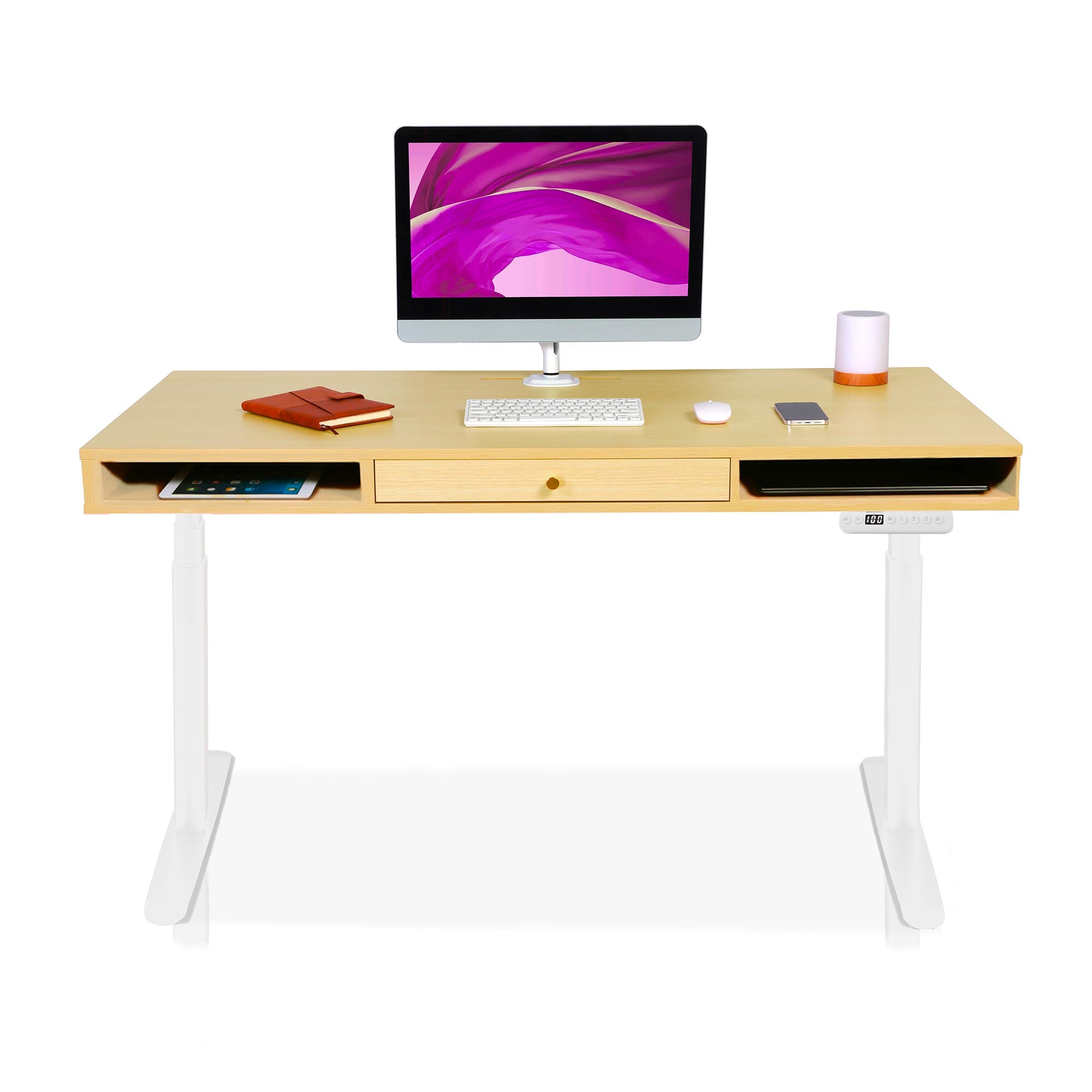 bureau assis debout SPACE DYNAMIC CIRCLE 1 tiroir coloris blanc chene doré