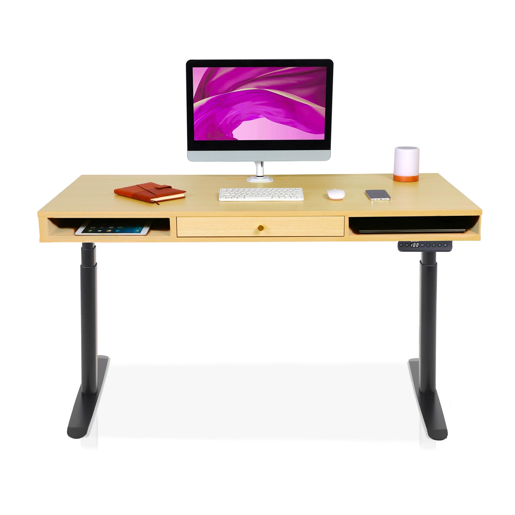 bureau assis debout SPACE DYNAMIC CIRCLE 1 tiroir coloris noir chene doré