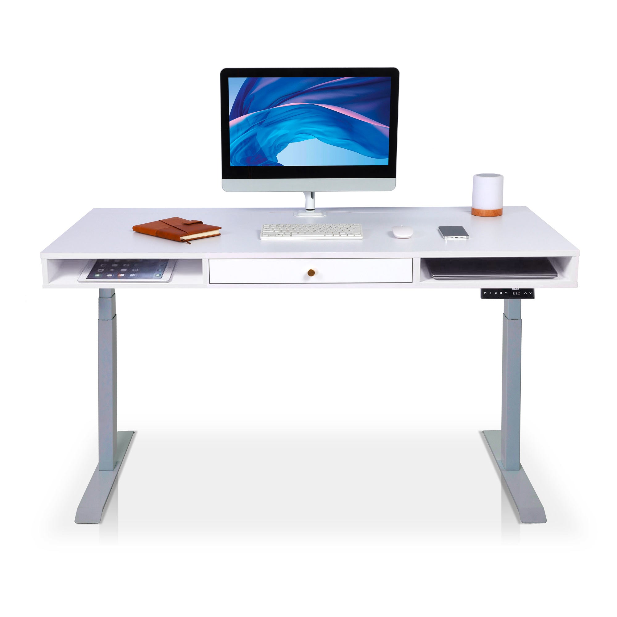 bureau assis debout space dynamic square avec trappe coloris gris blanc 140cm