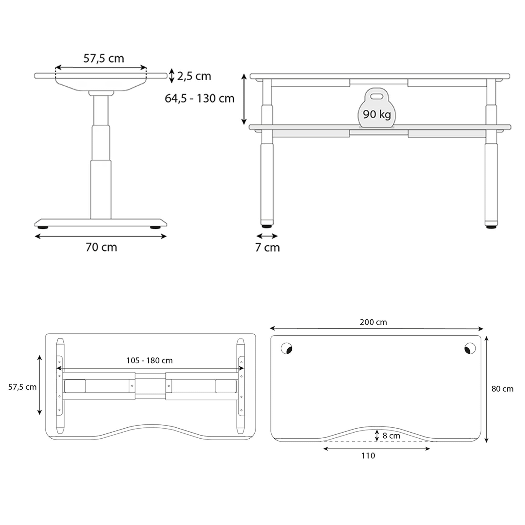 plan bureau assis debout DYNAMIC SMOOTH 200x80 cm