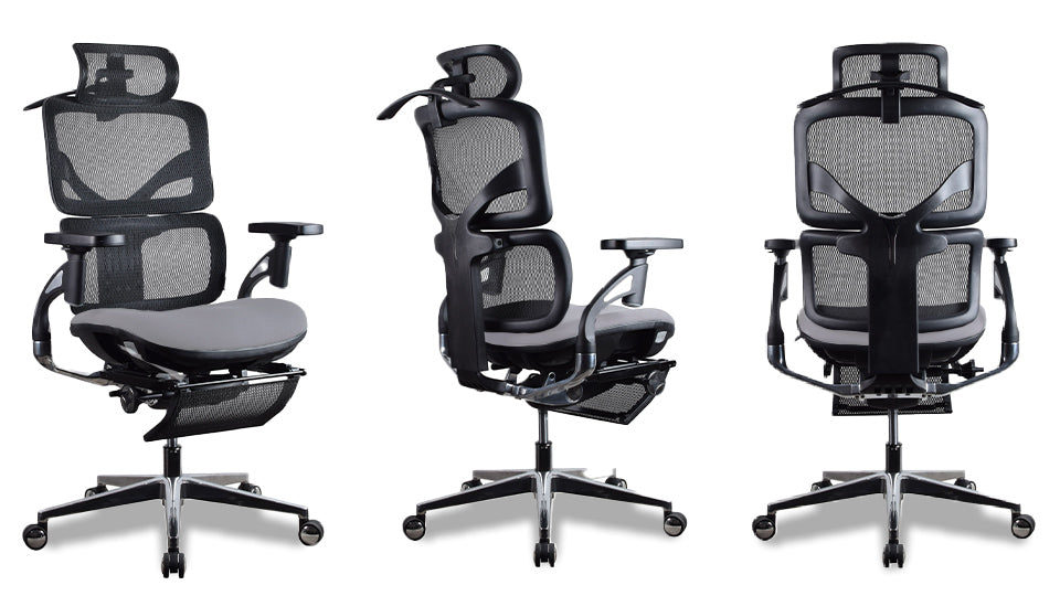 Trois chaises ergonomiques TERRANA PREMIUM grises vues sous différents angles