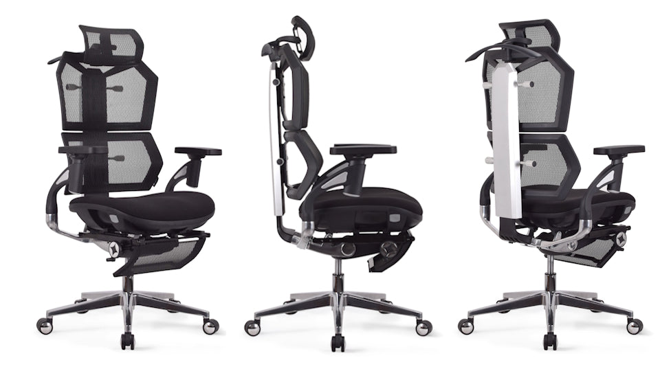 Chaise ergonomique VERTEX PREMIUM noire en mousse et maille, vue d'ensemble sous plusieurs angles