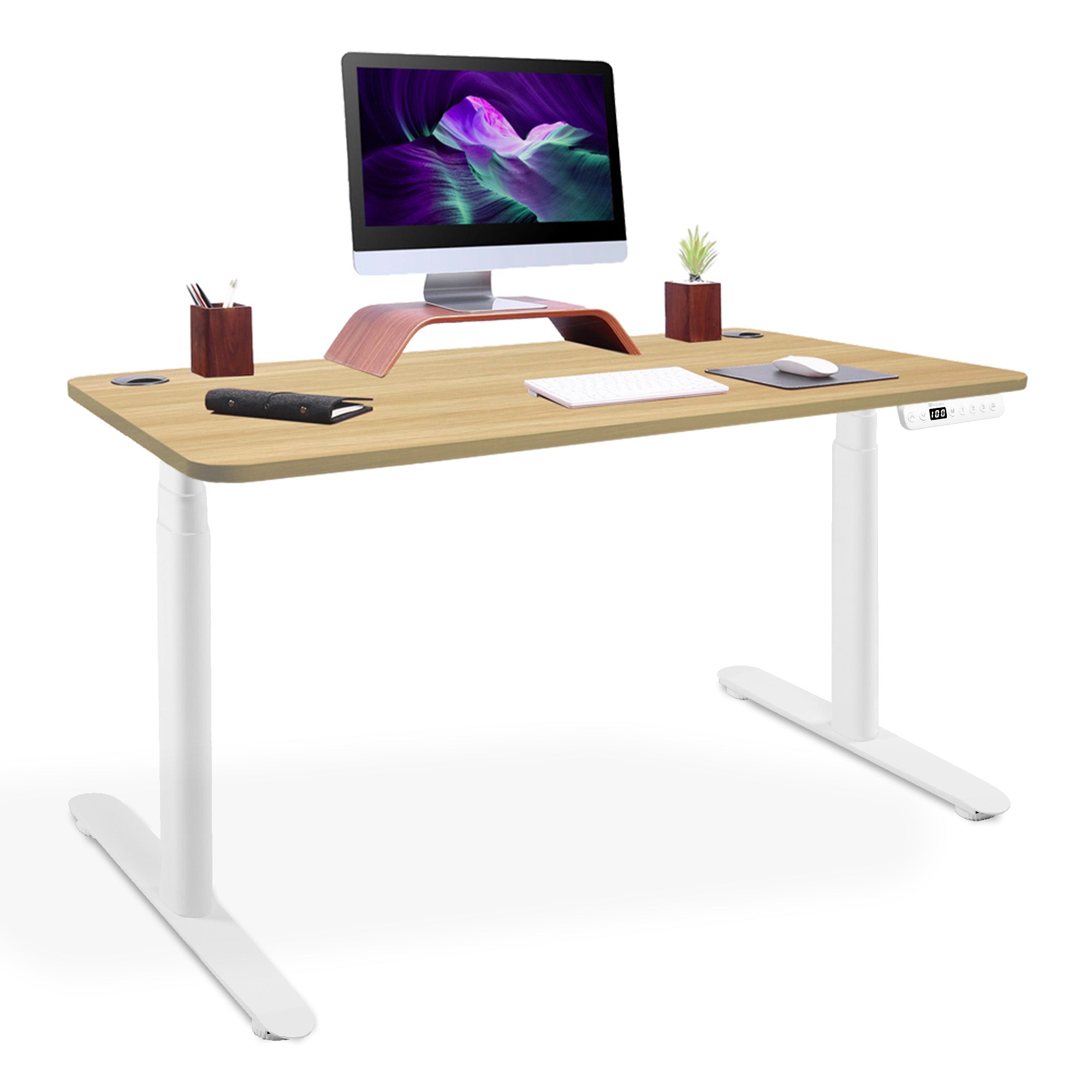 bureau assis debout pieds arrondis blanc-chene-blond 200x100cm