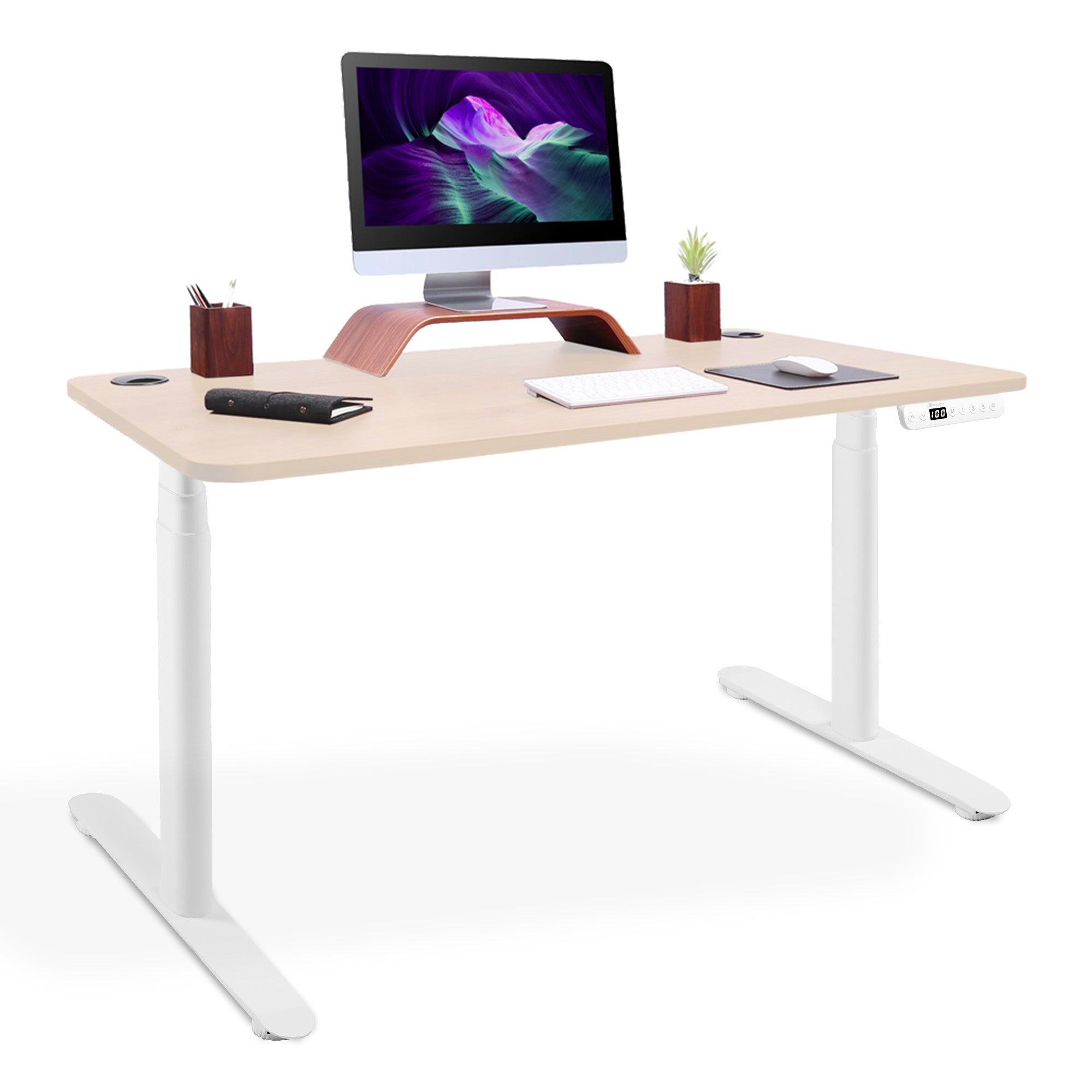 bureau assis debout pieds arrondis blanc-chene-clair 140x80cm