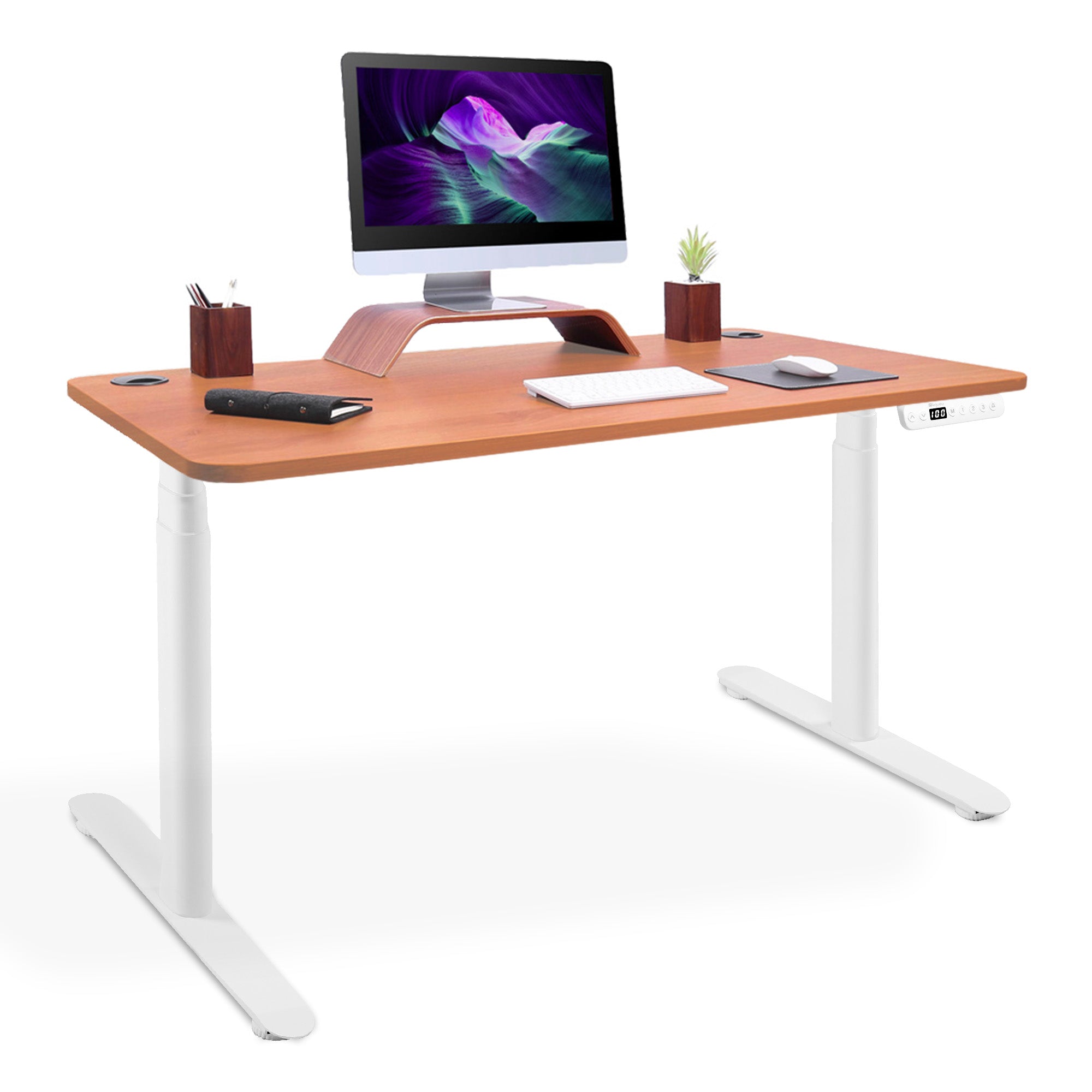 bureau assis debout pieds arrondis blanc-chene-naturel 240x100cm