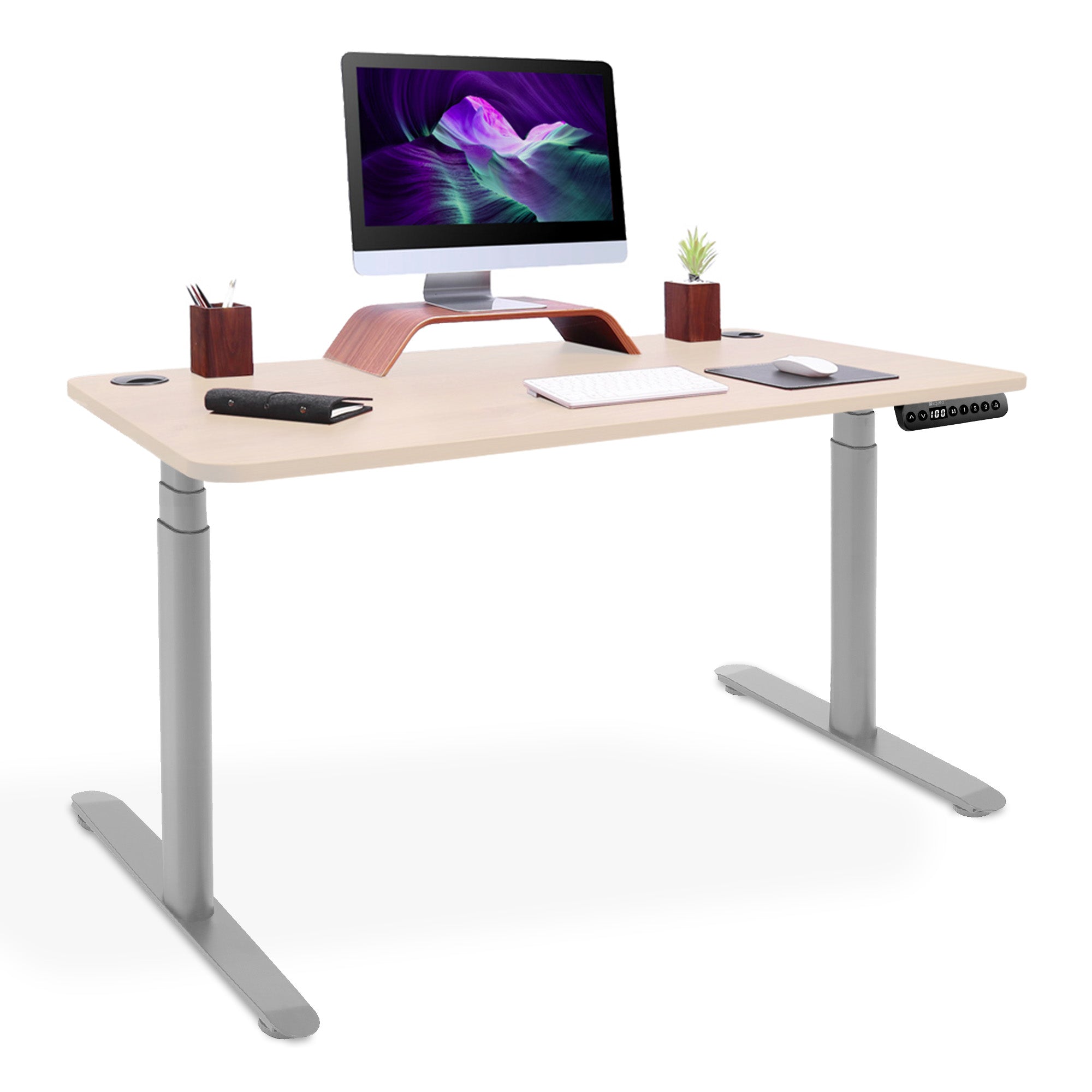 bureau assis debout pieds arrondis gris-chene-clair 140x80cm