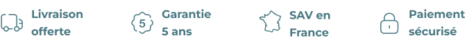 Icônes illustrant la livraison offerte, la garantie 5 ans, le SAV en France et le paiement sécurisé