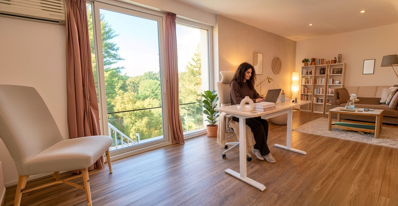 Bureau assis-debout ergonomique KQUEO dans un espace de travail moderne