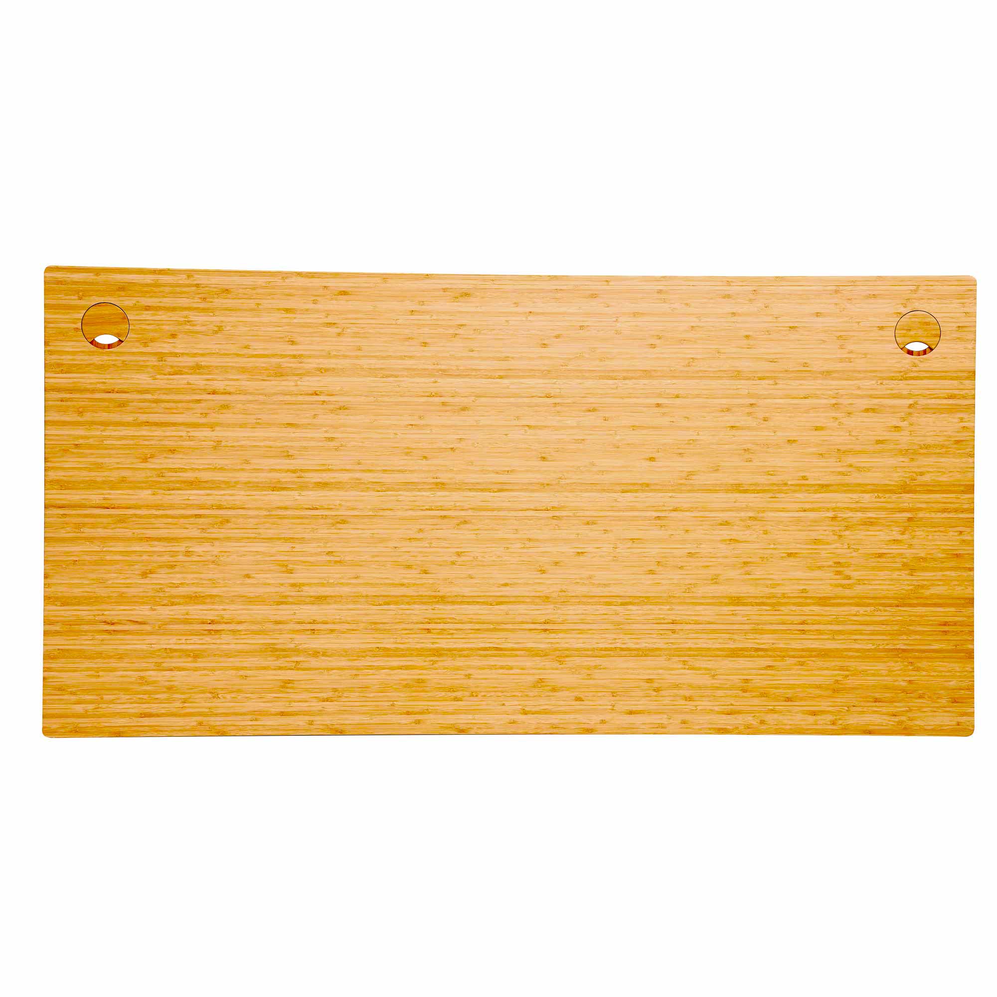 Plateau de bureau en bambou avec double passe-câble intégré, vue de dessus sur fond blanc