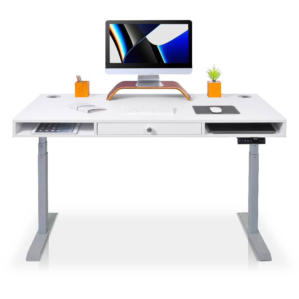 bureau assis debout avec tiroirs gris blanc