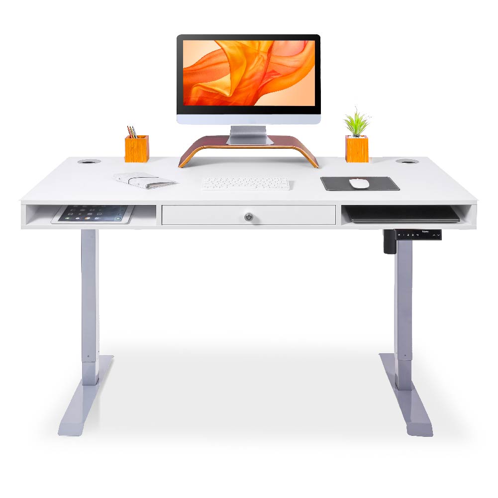 bureau assis debout avec rangements gris blanc