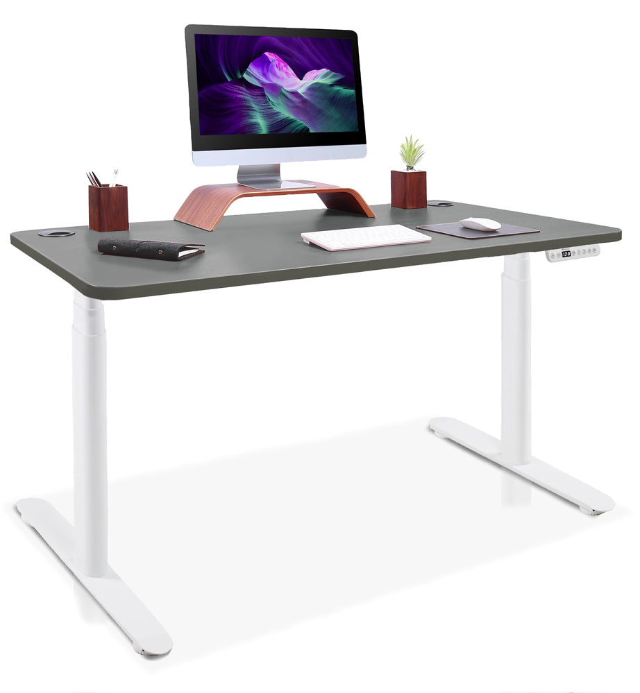 bureau assis debout pieds arrondis blanc/gris cendre 140x70cm