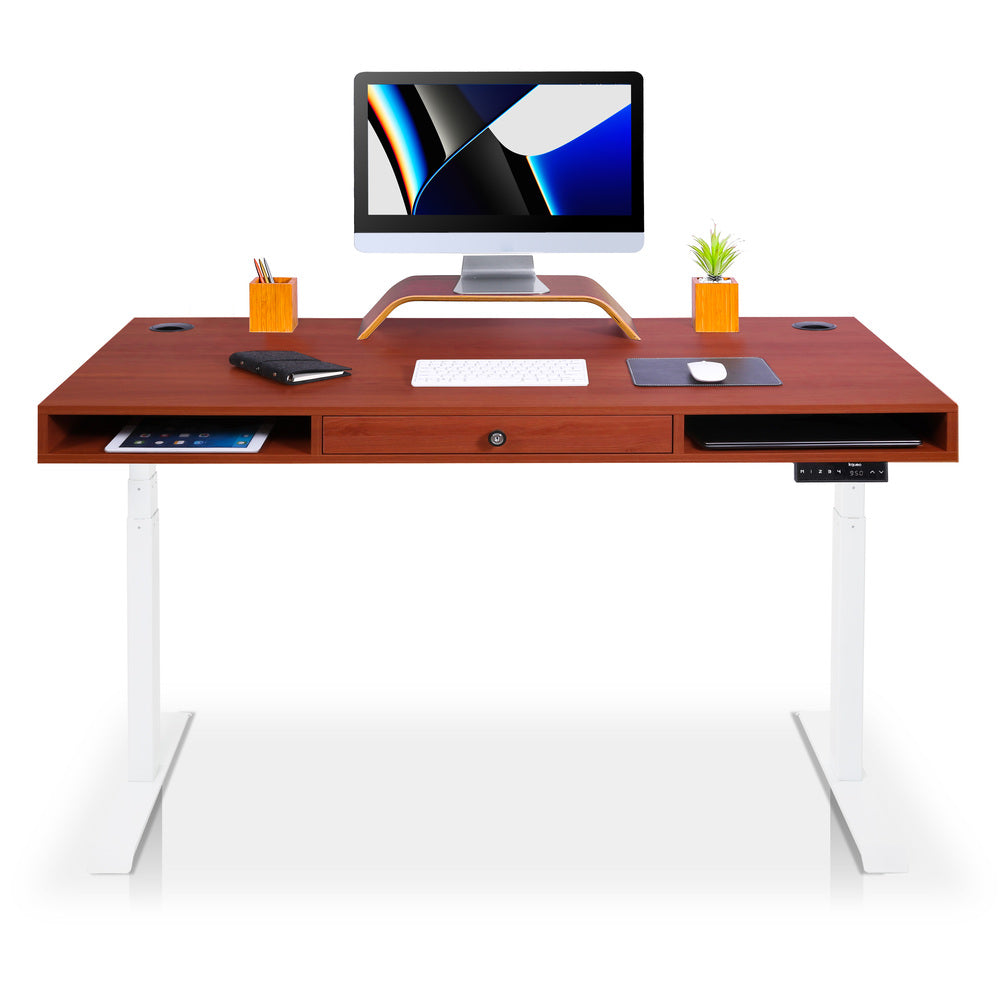 bureau assis debout avec un tiroir blanc chene foncé