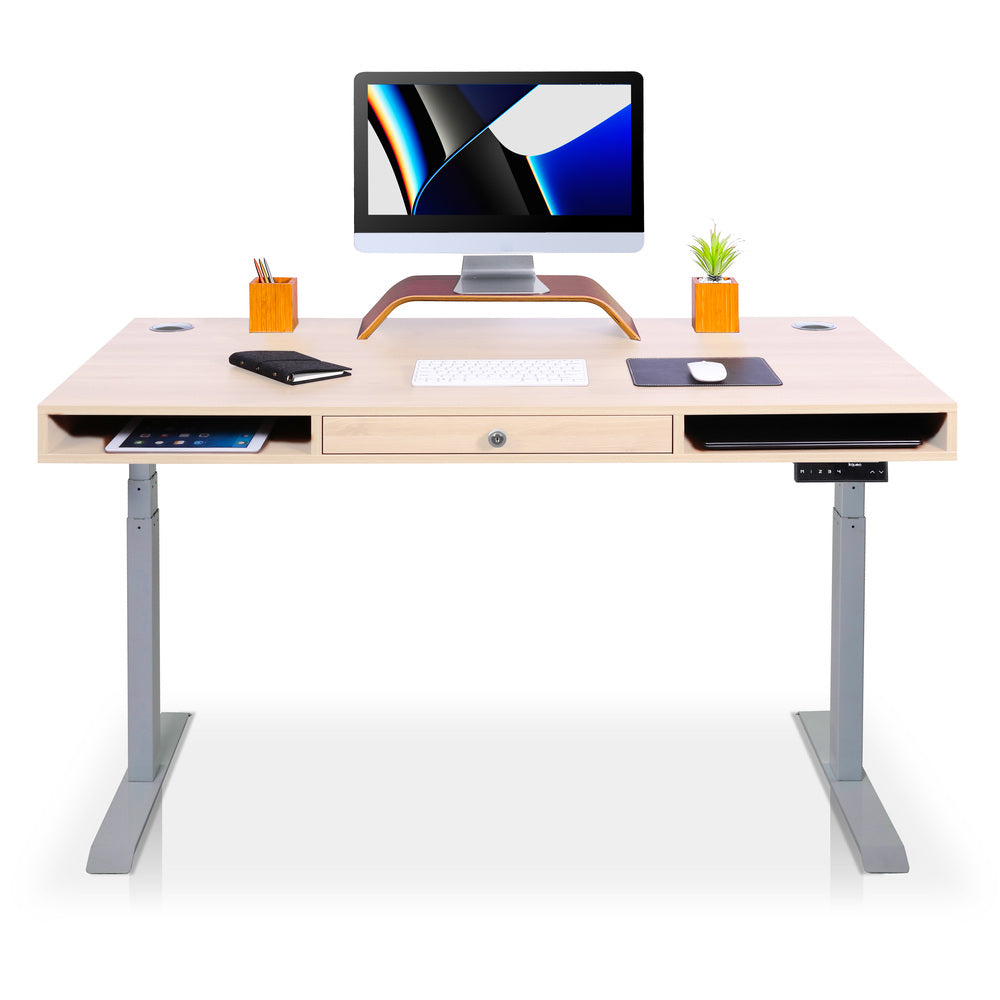 bureau assis debout avec tiroirs gris chene clair