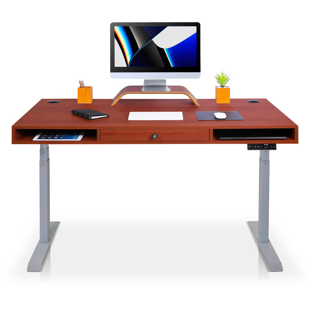 bureau assis debout avec un tiroir gris chene foncé