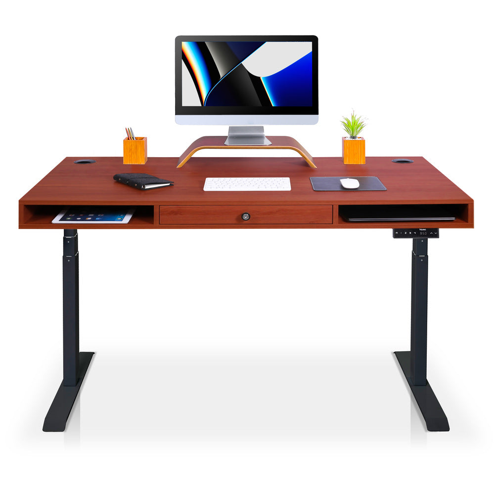 bureau assis debout avec un tiroir noir chene foncé