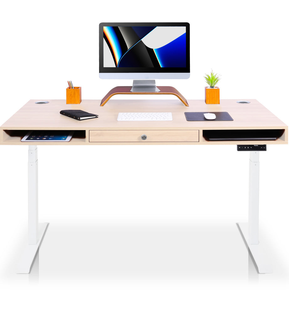 bureau assis debout avec tiroirs blanc chene clair