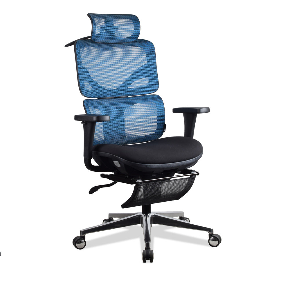 chaise ergonomique bleue avec repose pied TERRANA KQUEO